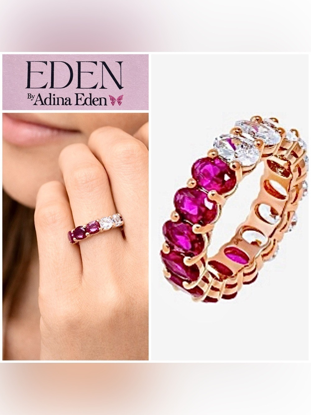 14k Gold over  Multi-Stone Oval Eternity Ring with CZ Clear and Ruby Stones